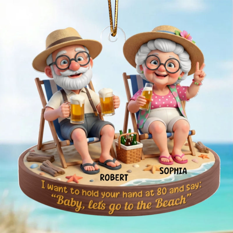 3D Effect Old Couple Baby Let's Go to the Beach - Personalized Acrylic Car Hanger - Sentimental Gift for him, for her