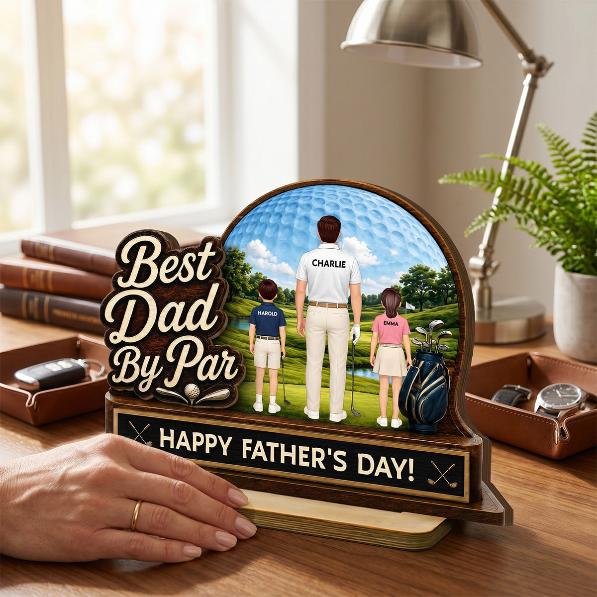 Best Dad By Par Custom Man & Kids Back View - Personalized 2-Layered Wooden Plaque - Gift For Golf Dad