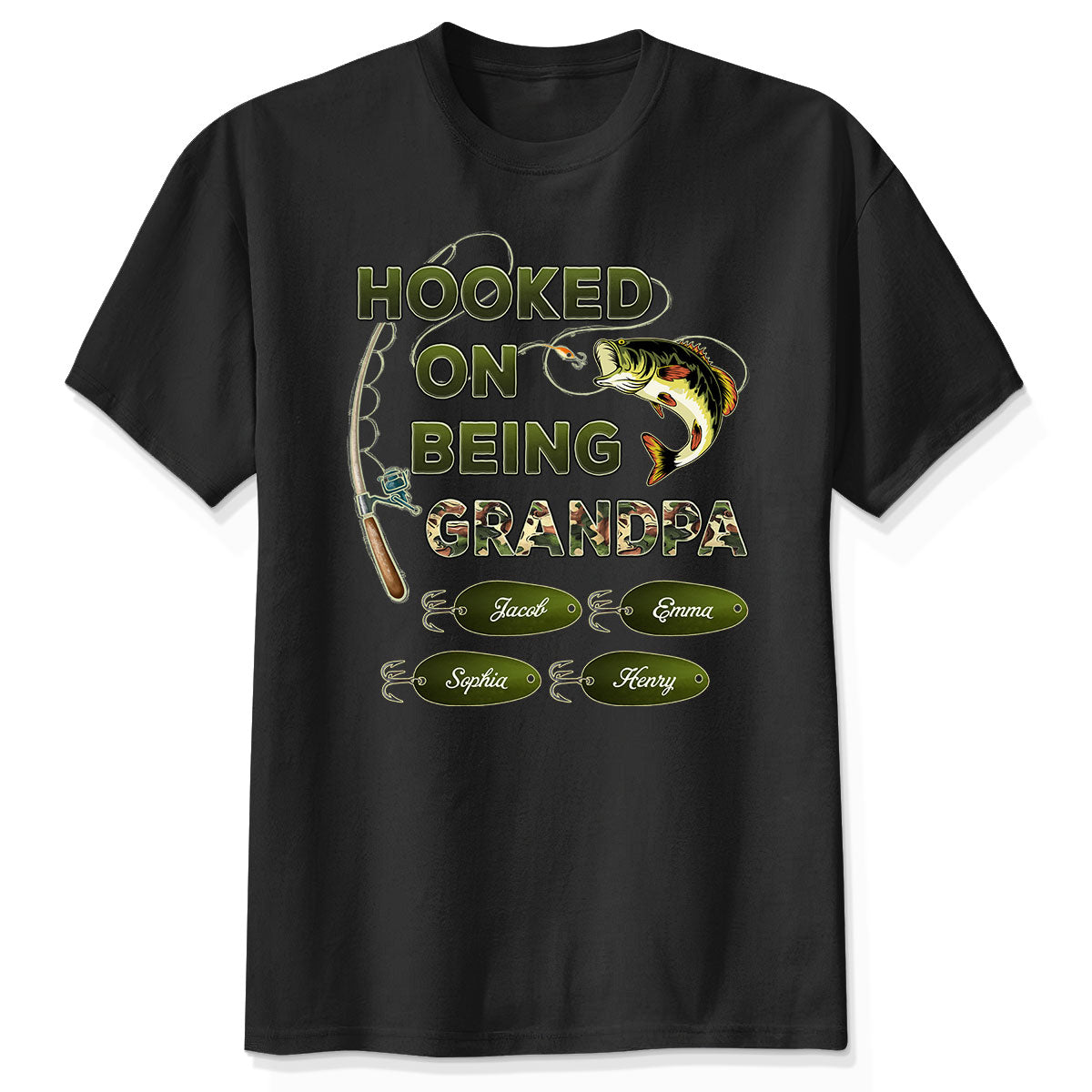 Hooked On Being Grandpa Papa Fishing Camouflage Personalized Dark Color Shirt, Father's Day Gift For Grandpa, Dad, Husband