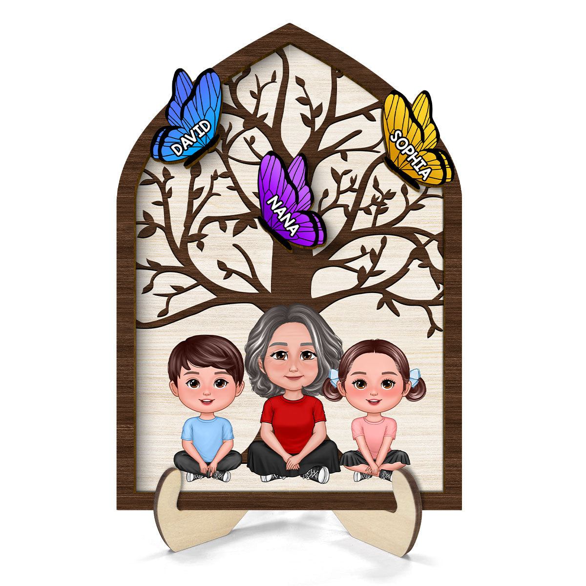 Grandma Mom Kids Crossed Legs Under Tree Butterflies Personalized 2-layer Wooden Plaque