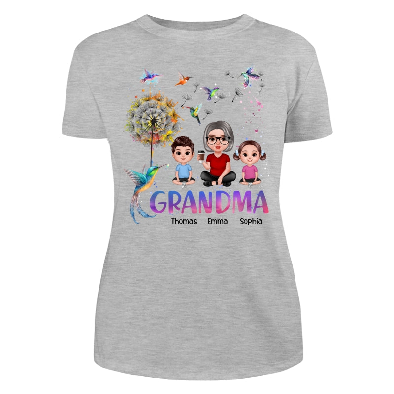 Realistic Doll Grandma Grankids Hummingbird Dandelion Personalized Shirt