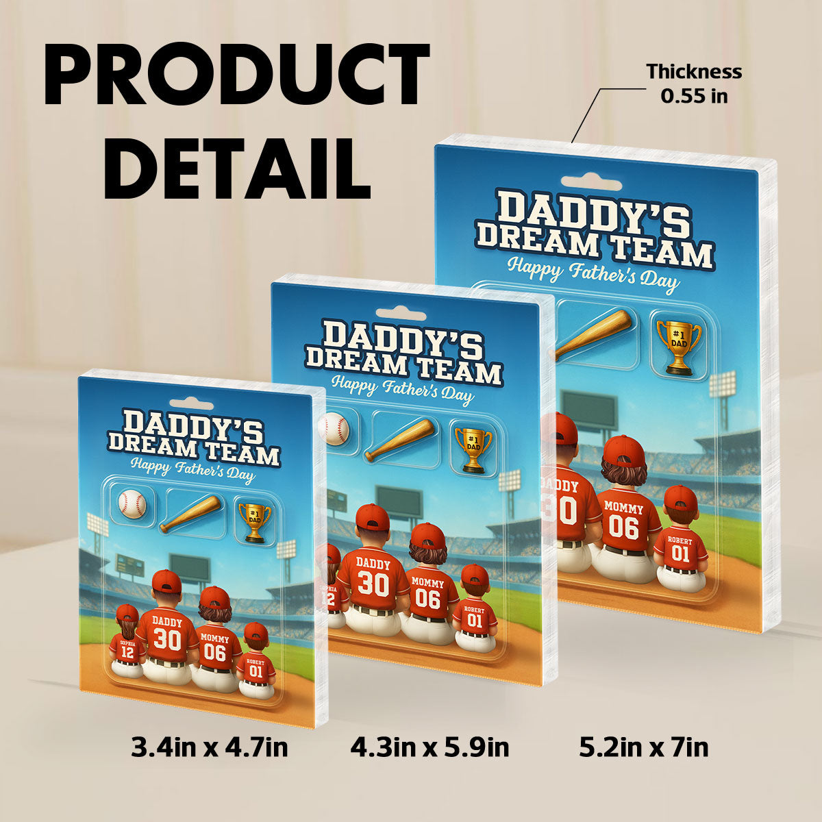 3D Effect Custom Figure Baseball Family Daddy's Dream Team Personalized Flat Acrylic Block Plaque, Unique Gift For Dad, Husband
