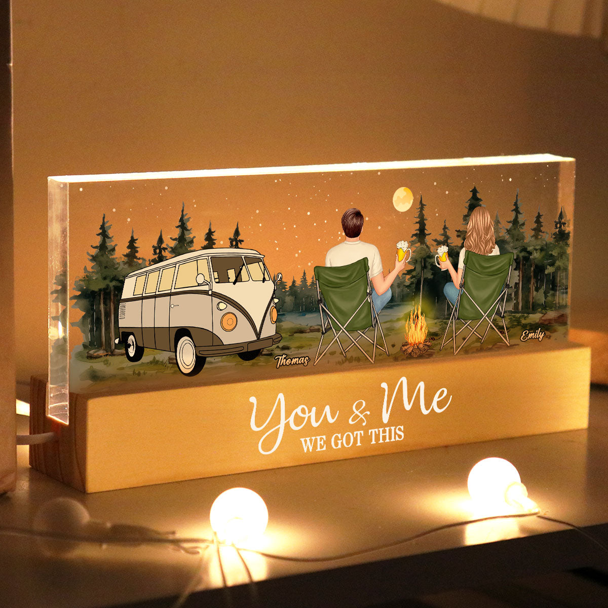Back View Couple Camping Sitting Together Personalized Acrylic Block LED Night Light, Heartfelt Gift For Couple, For Him, For Her, Boyfriend, Girlfriend, Husband, Wife
