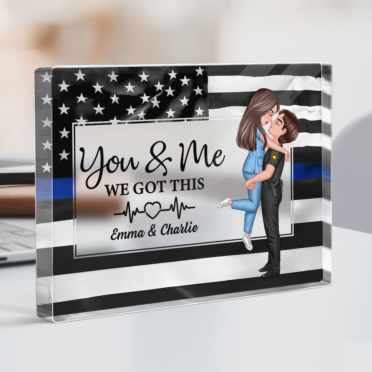 Hero Couple Patriotic USA Flag Personalized Acrylic Block Plaque, Anniversary Gift For Him, For Her