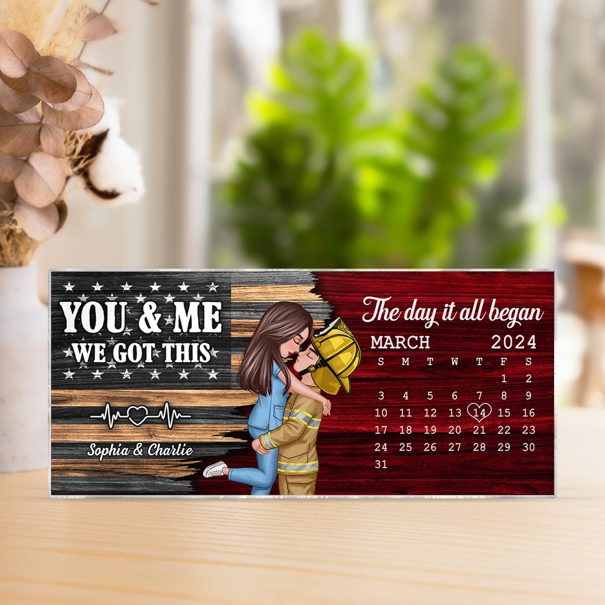Hero Couple Hugging Kissing Half Flag Anniversary Calendar Keepsake Gift by Occupation Personalized Acrylic Block Plaque
