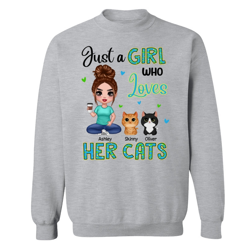 Green Pattern Just A Woman Who Loves Cats Doll Girl Sitting With Watercolor Cute Cats Personalized Shirt