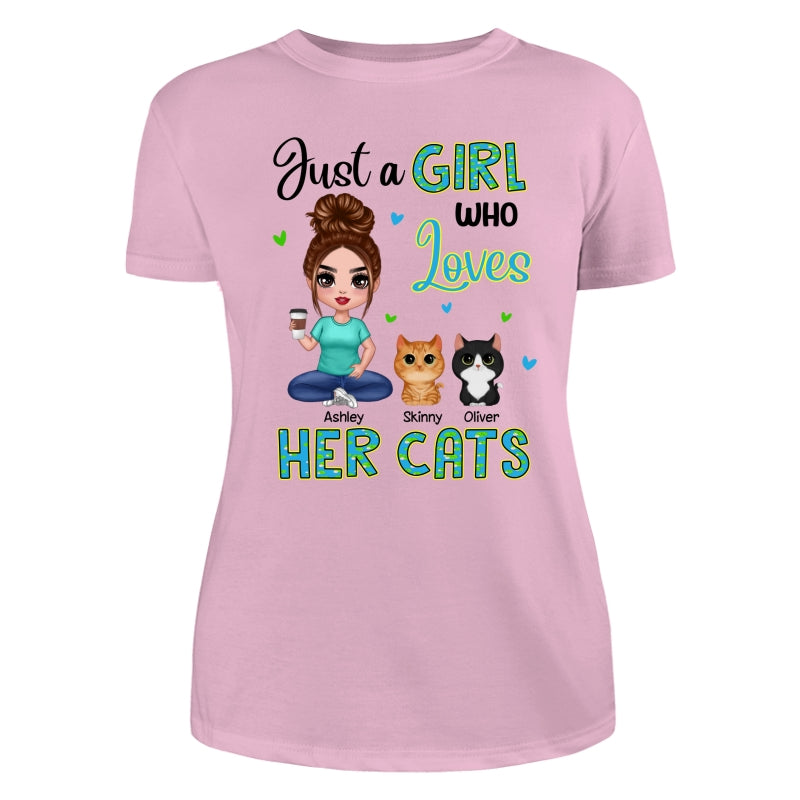 Green Pattern Just A Woman Who Loves Cats Doll Girl Sitting With Watercolor Cute Cats Personalized Shirt