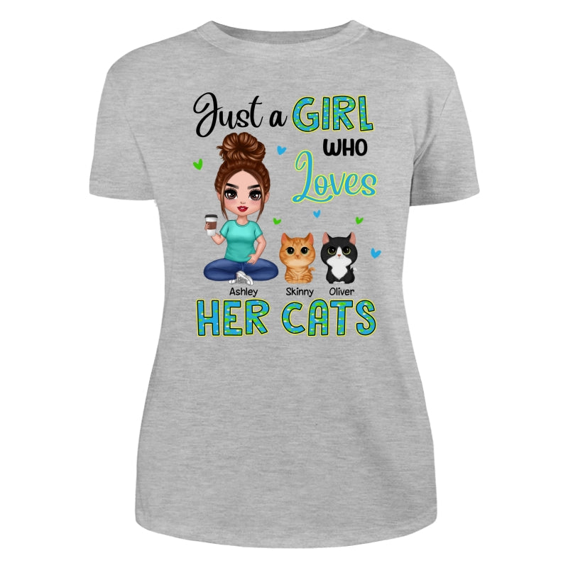 Green Pattern Just A Woman Who Loves Cats Doll Girl Sitting With Watercolor Cute Cats Personalized Shirt