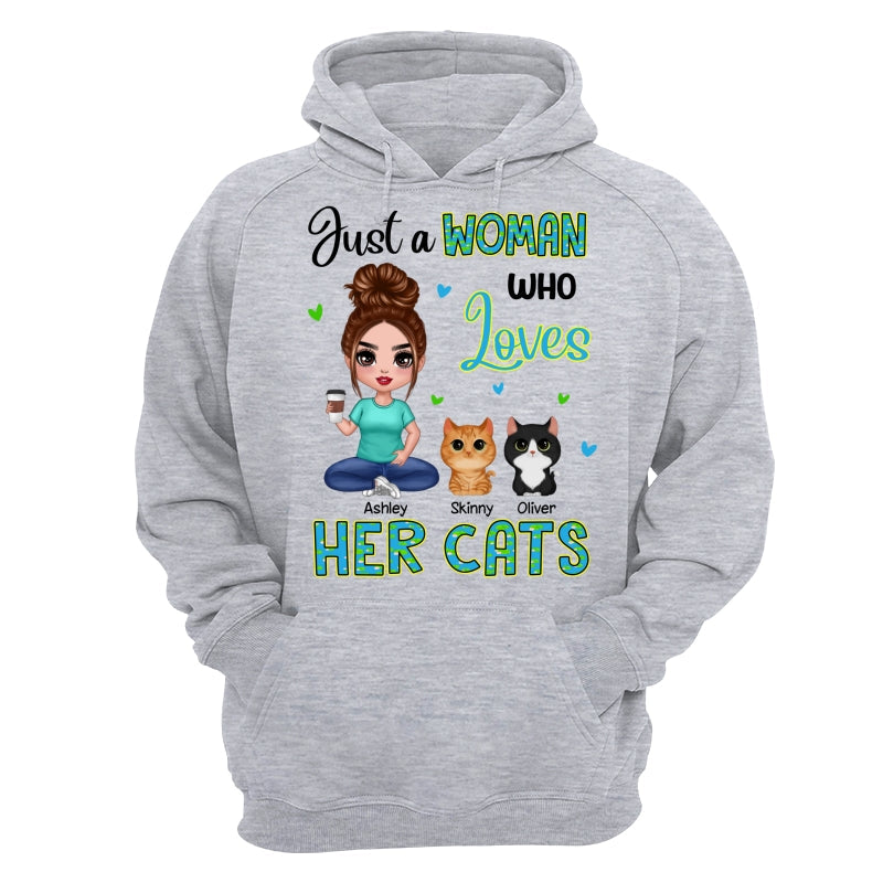 Green Pattern Just A Woman Who Loves Cats Doll Girl Sitting With Watercolor Cute Cats Personalized Shirt