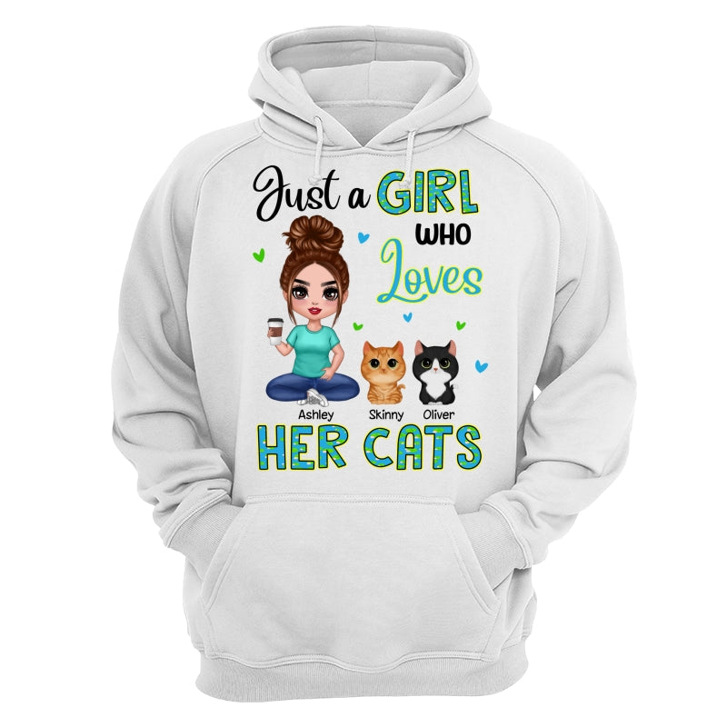 Green Pattern Just A Woman Who Loves Cats Doll Girl Sitting With Watercolor Cute Cats Personalized Shirt
