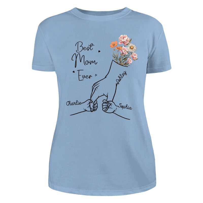Best Mom Grandma Ever Outline Kids Holding Hand Birth Flowers Personalized Shirt
