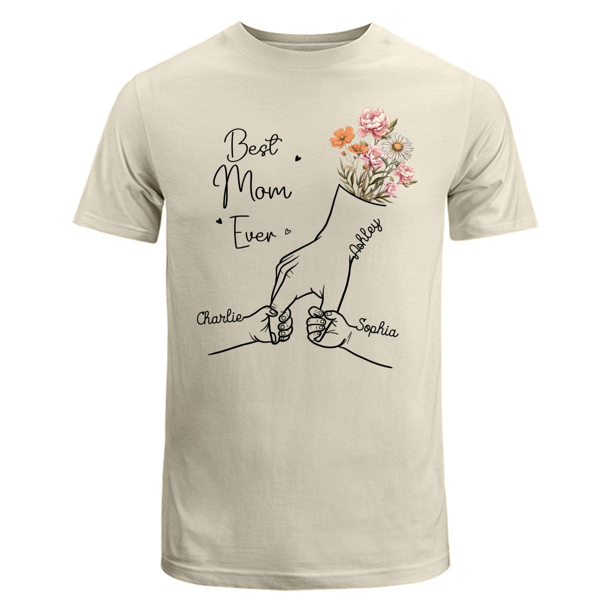 Best Mom Grandma Ever Outline Kids Holding Hand Birth Flowers Personalized Shirt