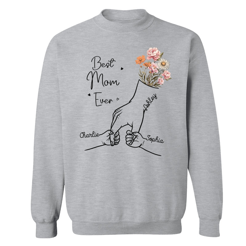 Best Mom Grandma Ever Outline Kids Holding Hand Birth Flowers Personalized Shirt