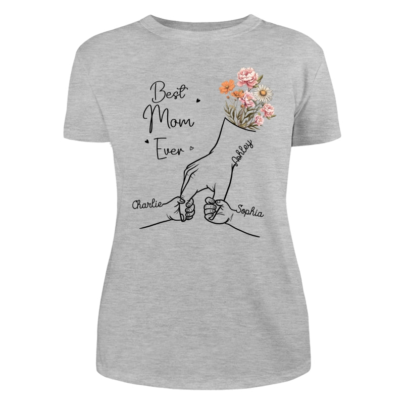 Best Mom Grandma Ever Outline Kids Holding Hand Birth Flowers Personalized Shirt