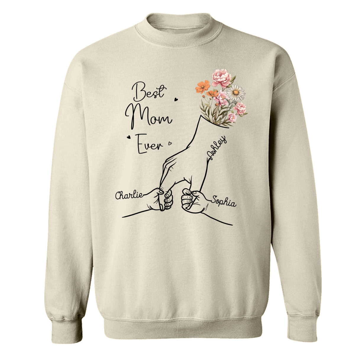 Best Mom Grandma Ever Outline Kids Holding Hand Birth Flowers Personalized Shirt