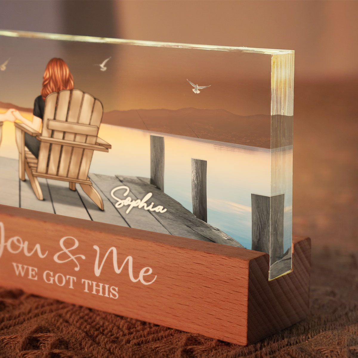 Couple Sitting On The Bridge, Lake Dock Personalized Acrylic Block LED Night Light, Heartfelt 2025 Gift For Couple, For Her, Girlfriend, Wife