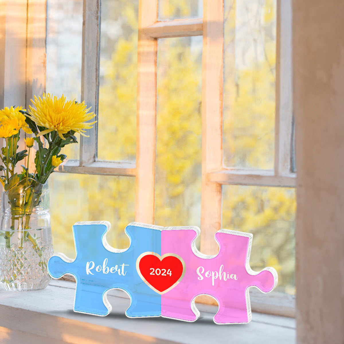 Love Is The Piece That Holds Us Together Acrylic Block Plaque, Personalize Couple Puzzle Name Sign, Gift For Him, For Her, Wedding Gift