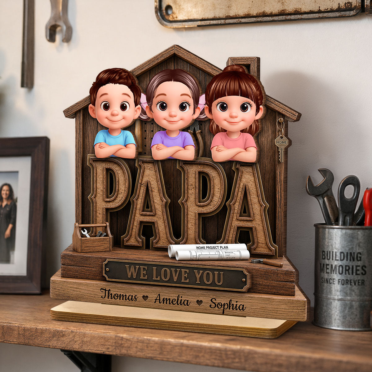 Papa Home Tools We Love You - Personalized 2-Layered Wooden Plaque - Gift for Grandpa, Dad