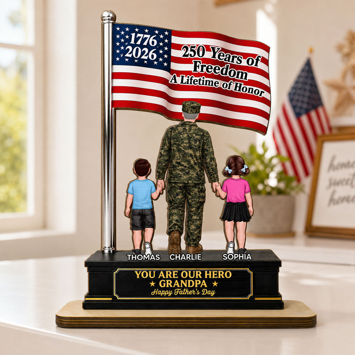 Proud American Military Veteran Grandpa Dad America 250th Anniversary - Personalized 2-Layered Wooden Plaque - Gift For Dad, Grandpa Husband