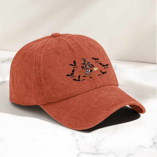 Nana Life - Halloween Witch With Custom Kids Names - Personalized Distressed Denim Cap