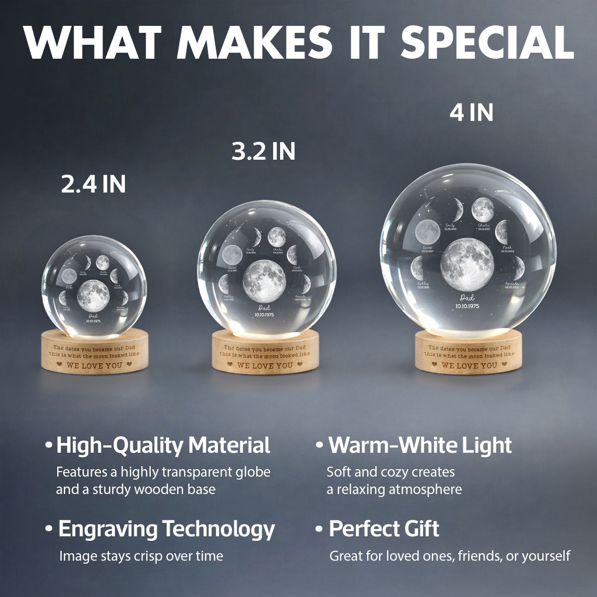The Date You Became Our Dad - Personalized Crystal Ball LED Night Light - Custom Moon Phase by Date, Gift for Dad, Husband
