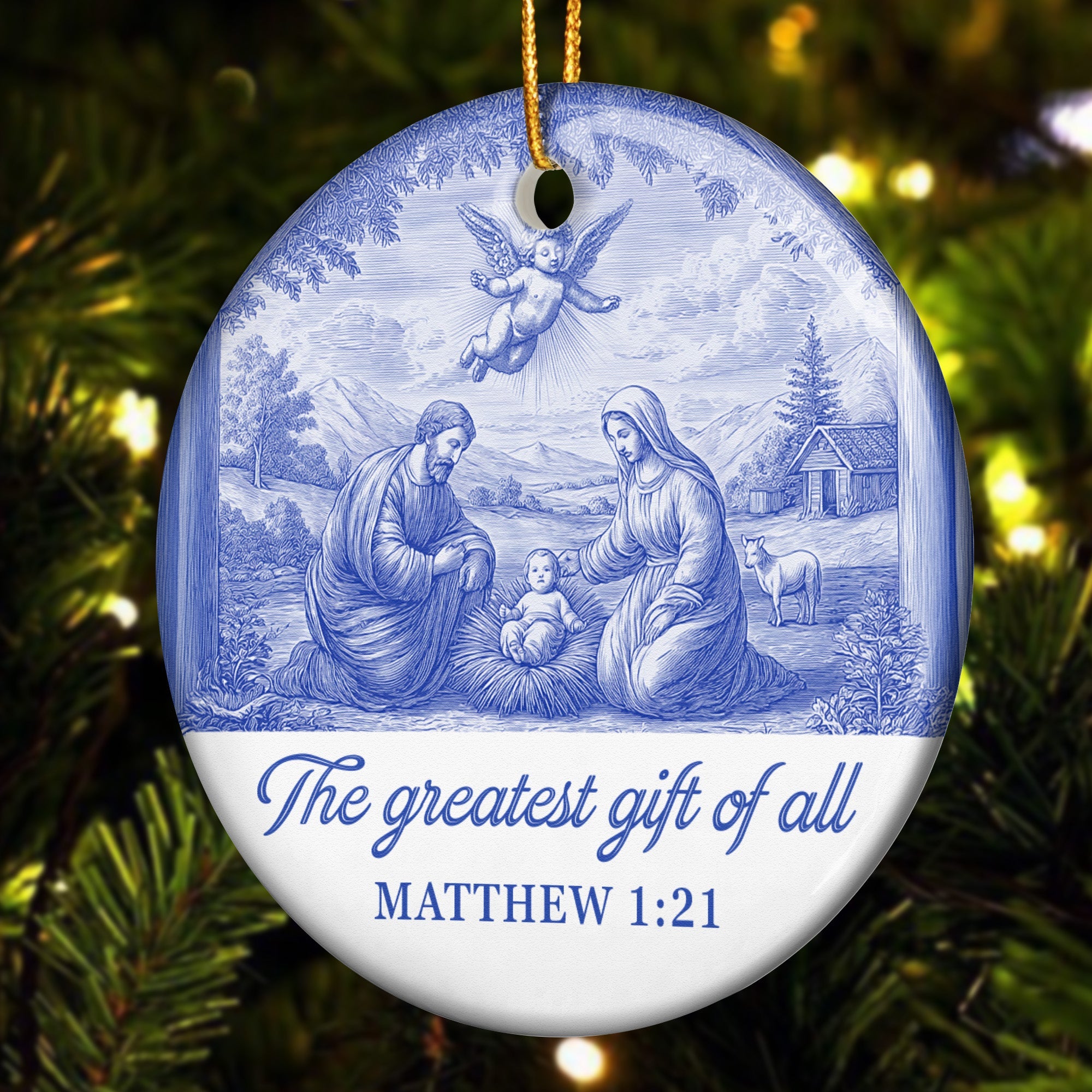 Nativity Scene Blue Toile De Jouy Christmas Holy Family - Ceramic Ornament