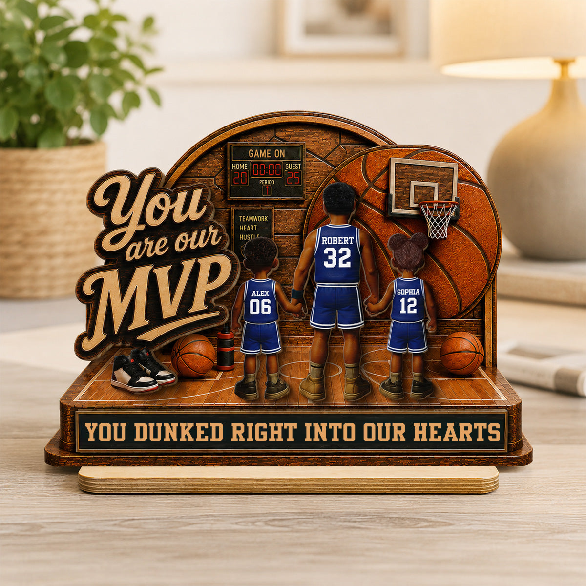 You Are Our MVP Standing Basketball Man & Kids 2D Flat - Personalized 2-Layered Wooden Plaque - Gift For Basketball Dad