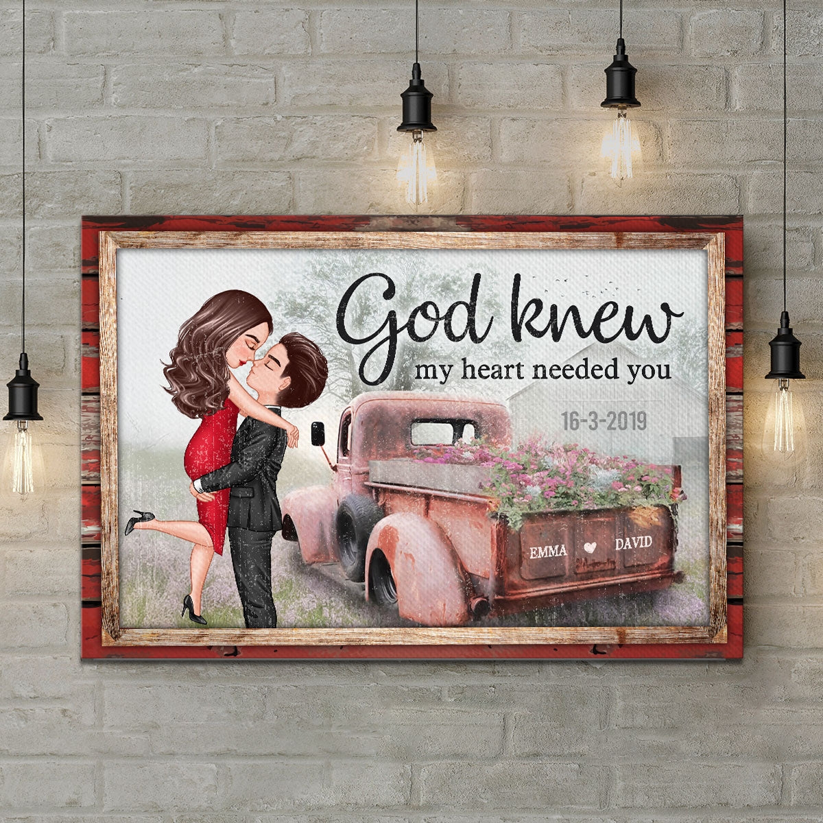 Red Vintage Truck Farmhouse Couple Hugging Kissing Personalized Canvas Print, Anniversary Gift For Him, For Her