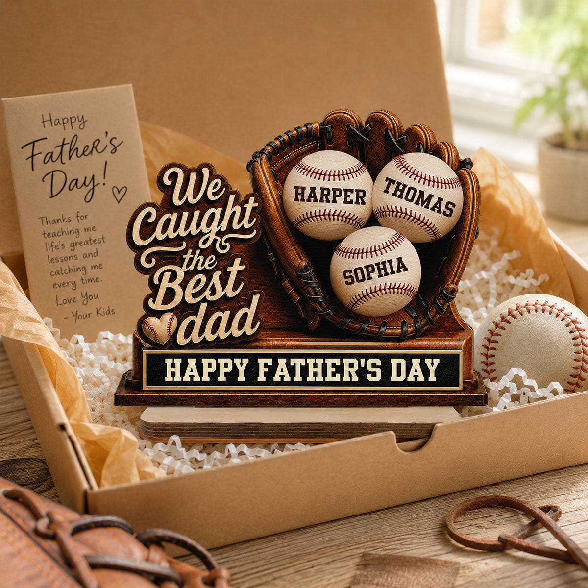 We Caught The Best Dad Baseball In Glove - Personalized 2-Layered Wooden Plaque - Happy For Baseball Dad