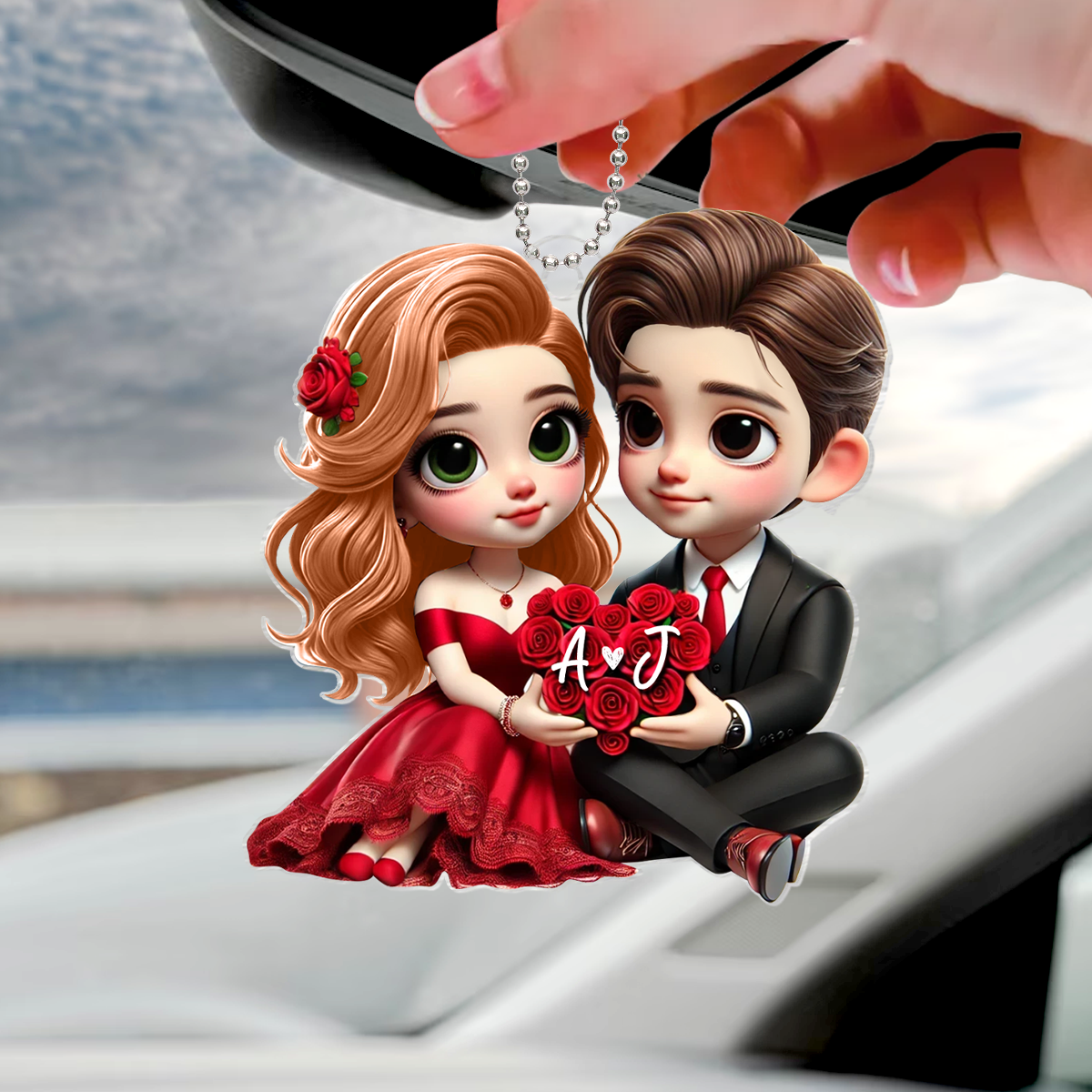 Romantic Couple Roses Personalized Acrylic Car Hanger, Anniversary Gift for him, Gift for her
