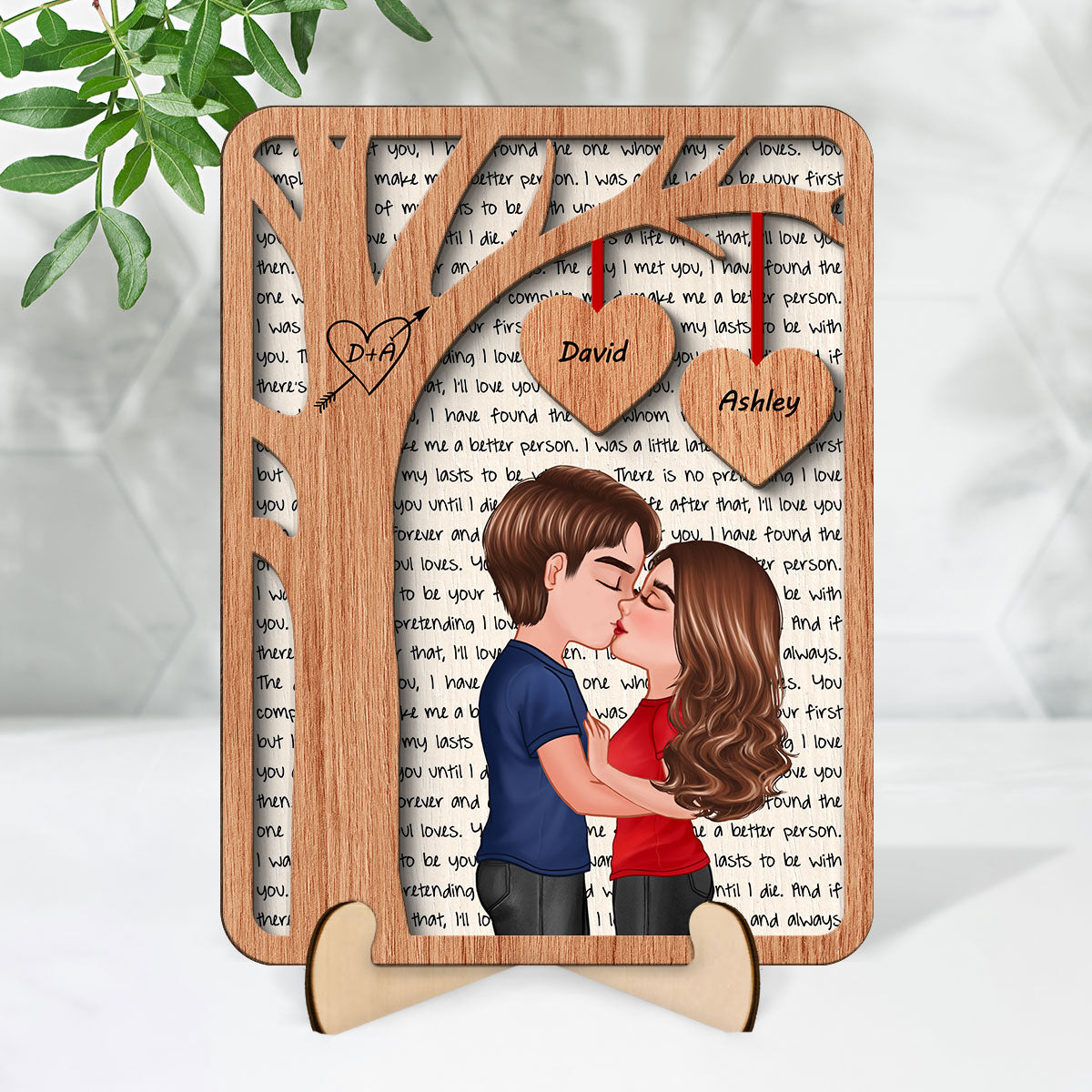 Couple Kissing Under Tree Love Gift For Him For Her Personalized 2-Layer Wooden Plaque