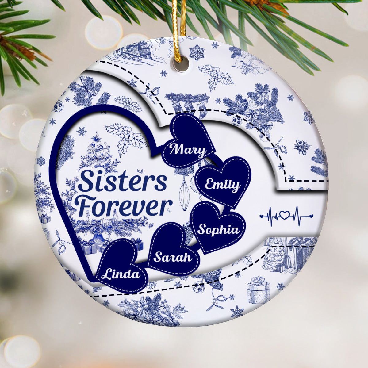 Sisters With Hearts Toile De Jouy Style Personalized Circle Ornament