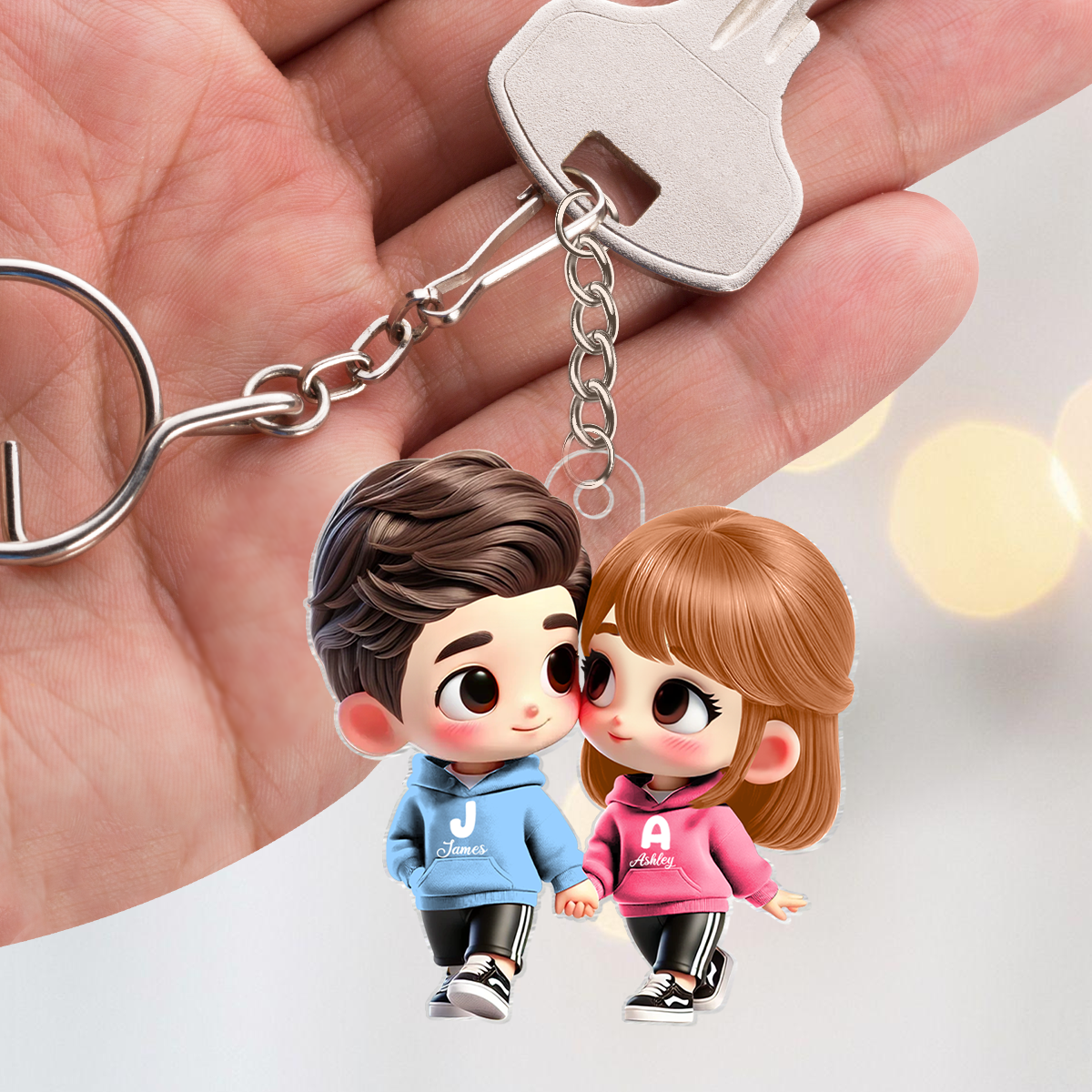 3D Effect Cute Cartoon Couple Holding Hands Personalized Acrylic Keychain, Anniversary & Gift for him, Gift for her