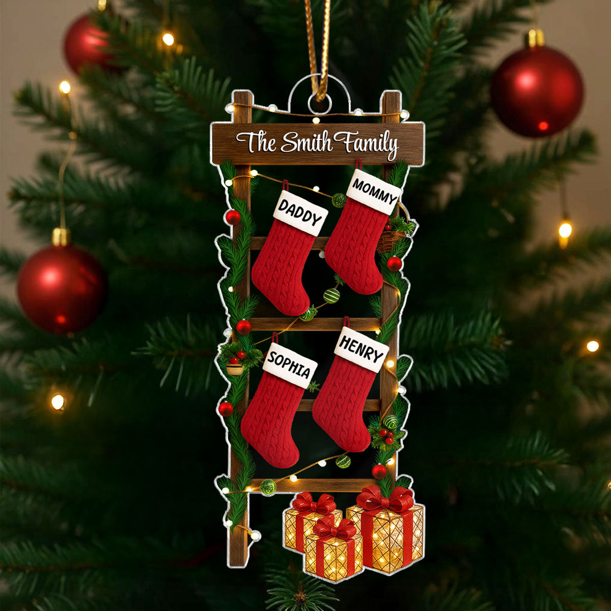 Family Names Ladder Stocking 3D Effect - Persnalized Acrylic Ornament - Christmas Gift