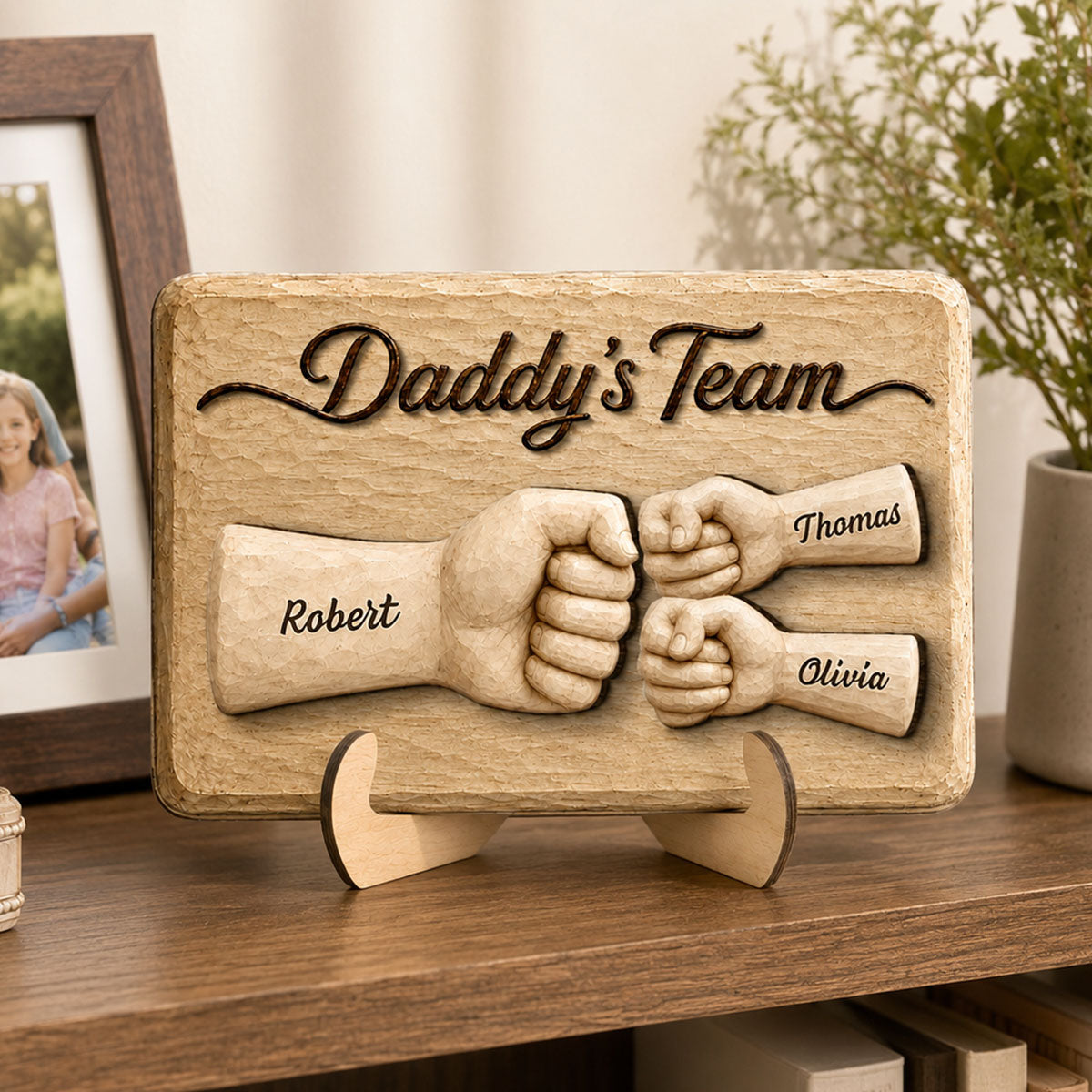 Sentimental Rustic Daddy's Team Fist Bump - Personalized 2-Layered Wooden Plaque - Gift For Dad, Husband