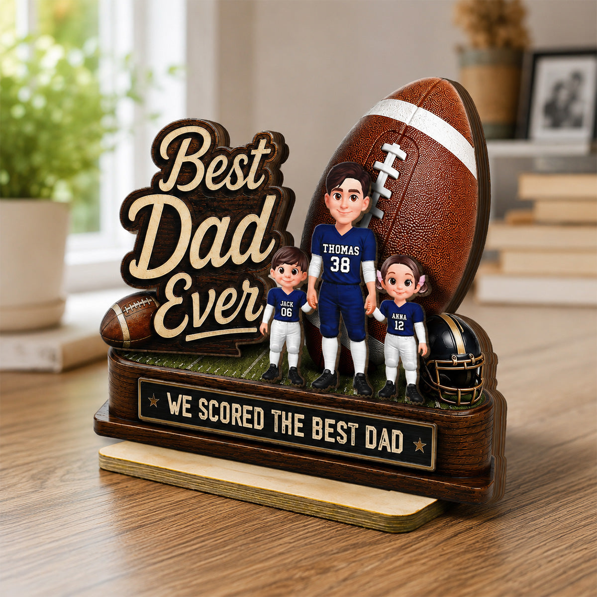 We Scored The Best Dad American Football Dad & Kids - Personalized 2-Layered Wooden Plaque - Gift For American Football Dad