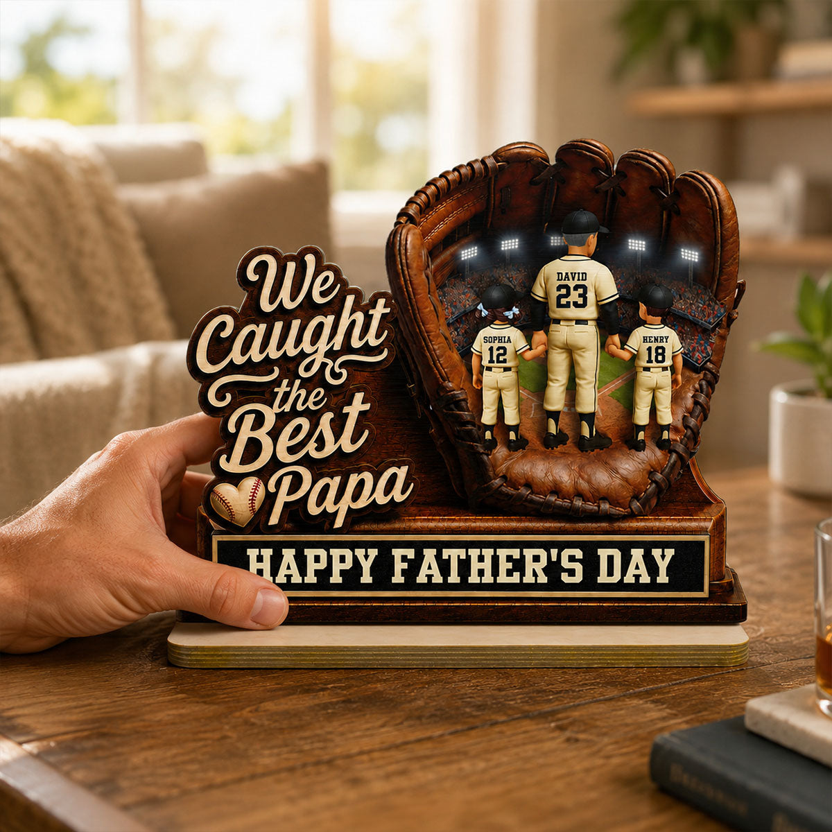 We Caught The Best Grandpa Man & Kids In Glove - Personalized 2-Layered Wooden Plaque - Happy For Baseball Grandpa