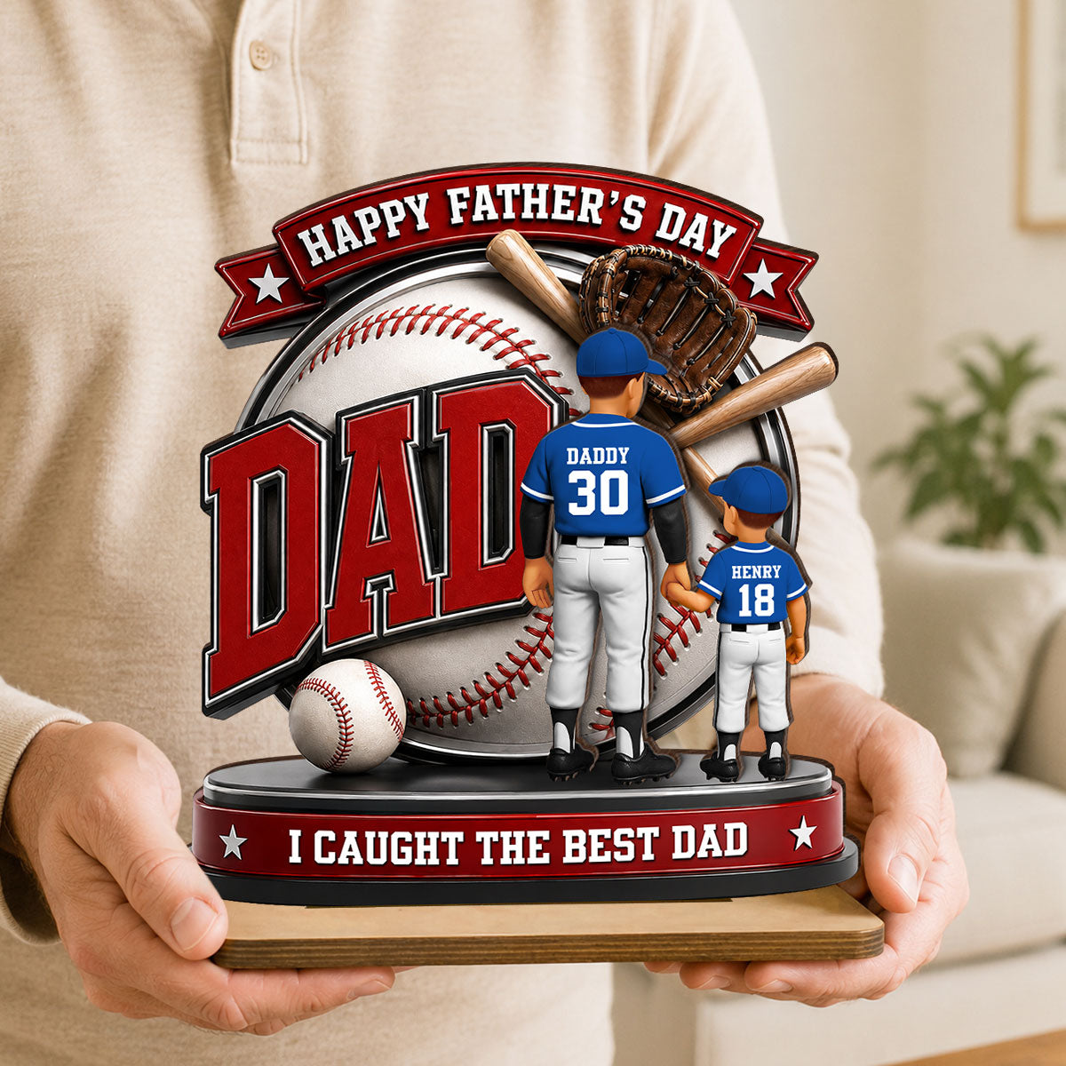 Baseball Dad Home Run Hero - Personalized 2-Layered Wooden Plaque - Gift For Dad, Husband