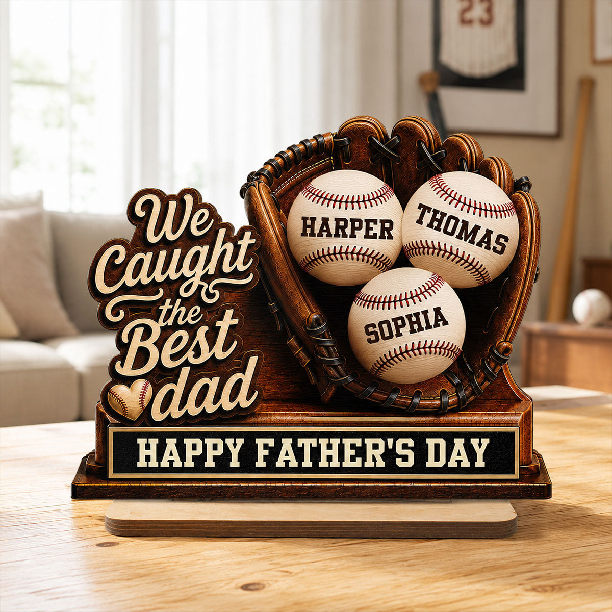We Caught The Best Dad Baseball In Glove - Personalized 2-Layered Wooden Plaque - Happy For Baseball Dad