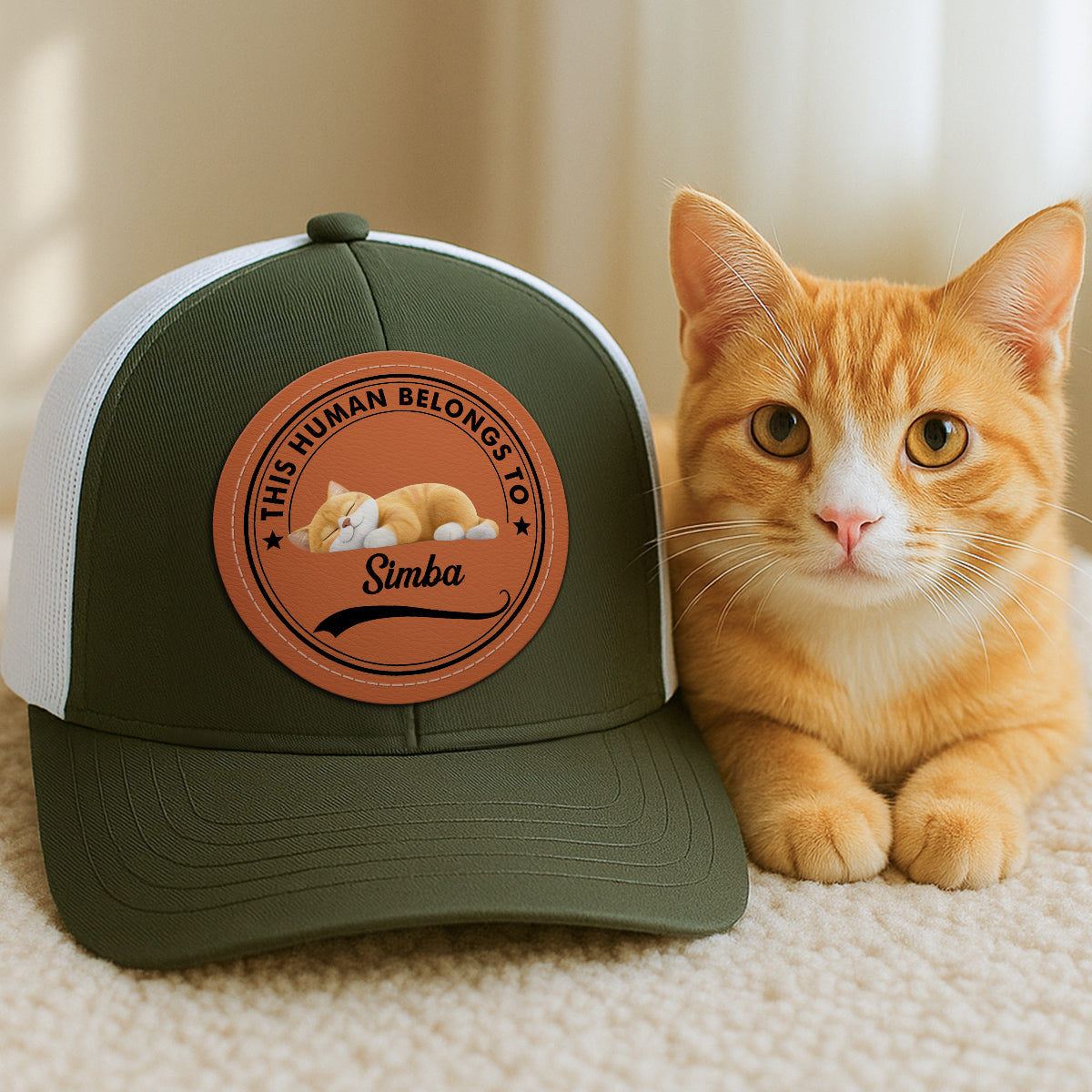 This Human Belongs To Cute Sleeping Cats Personalized Leather Patch Hat, Father's Day gift