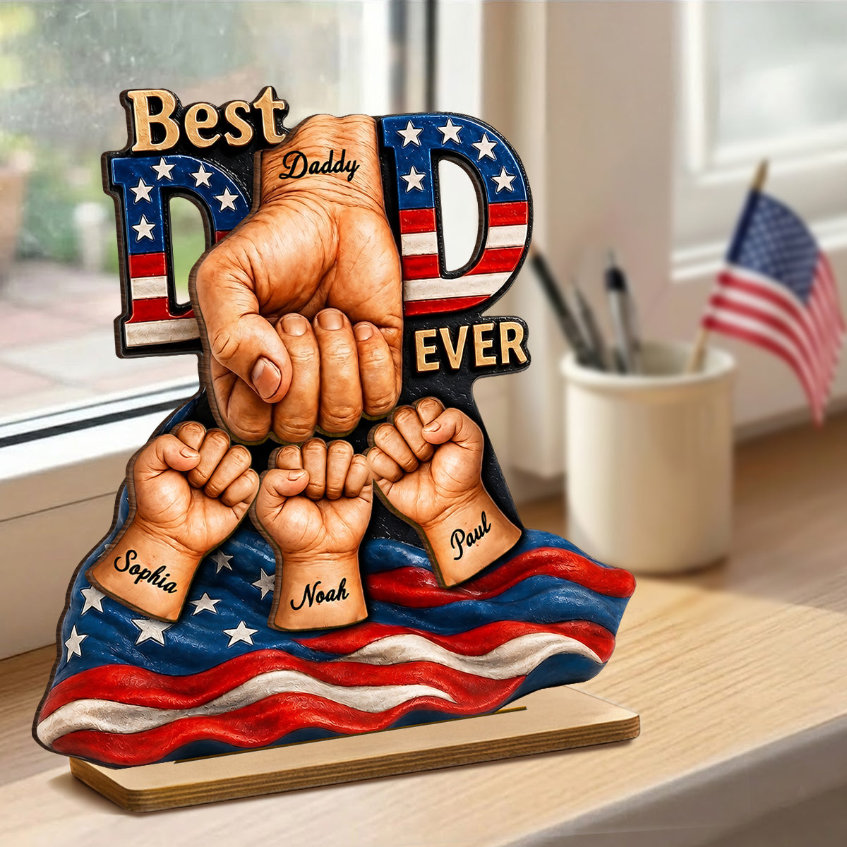 American Dad And Kids Fist Bump - Personalized 2-Layered Wooden Plaque - Gift For Dad, Husband