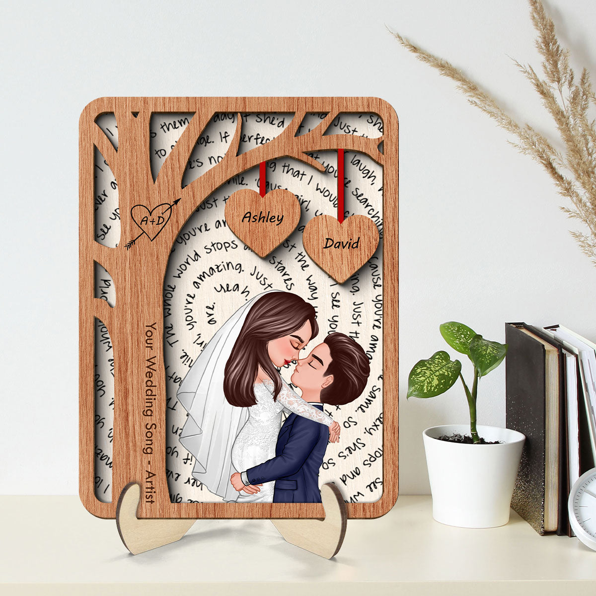 Couple Kissing Under Tree Custom Vinyl Lyrics Personalized Music 2-Layered Wooden Plaque, Wedding Song Dance, Gift for her & for him