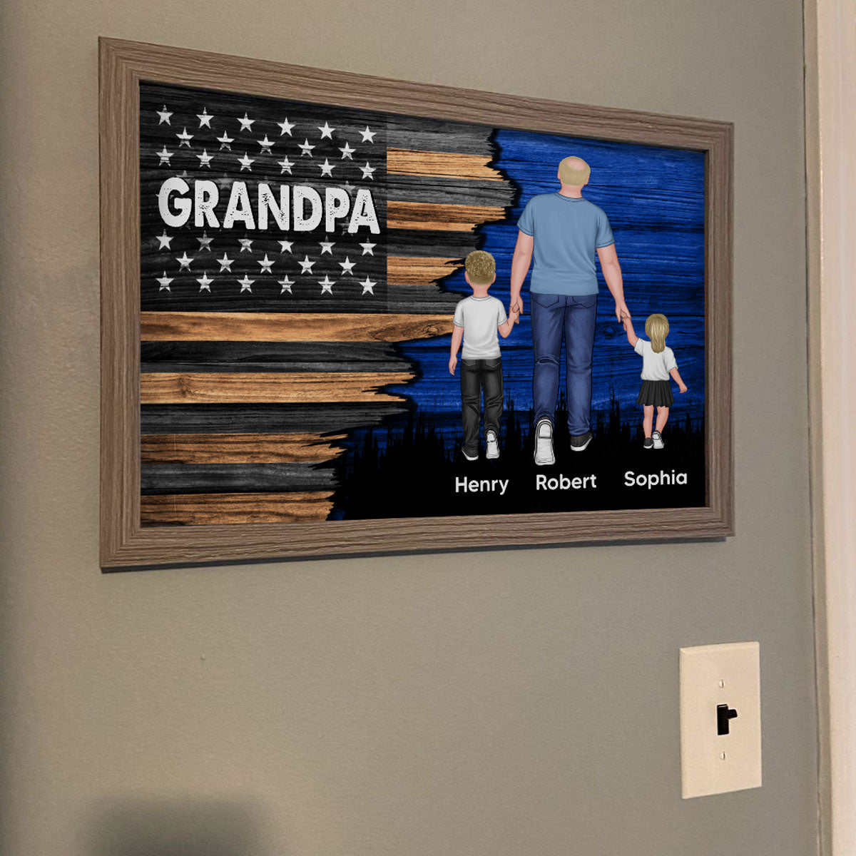 Grandpa Papa Walking With Grandkids Half Nation Flag Personalized Horizontal Poster
