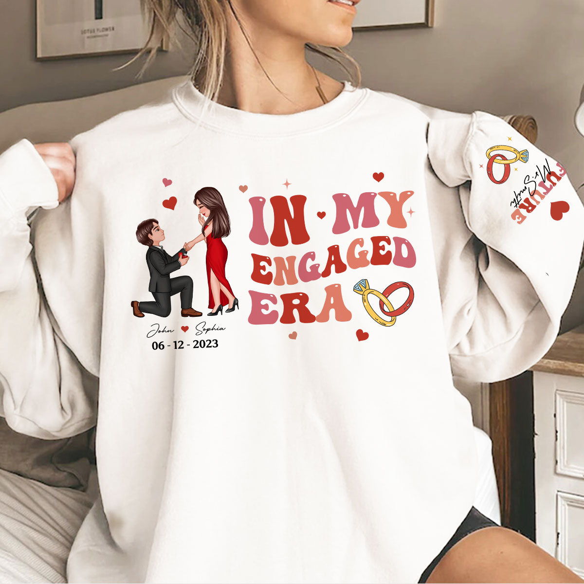 In My Engaged Era Proposing Couple Personalized Sleeved Printed Sweatshirt, Gift, Engagement Gift For Her, Gift For The Bride-To-Be
