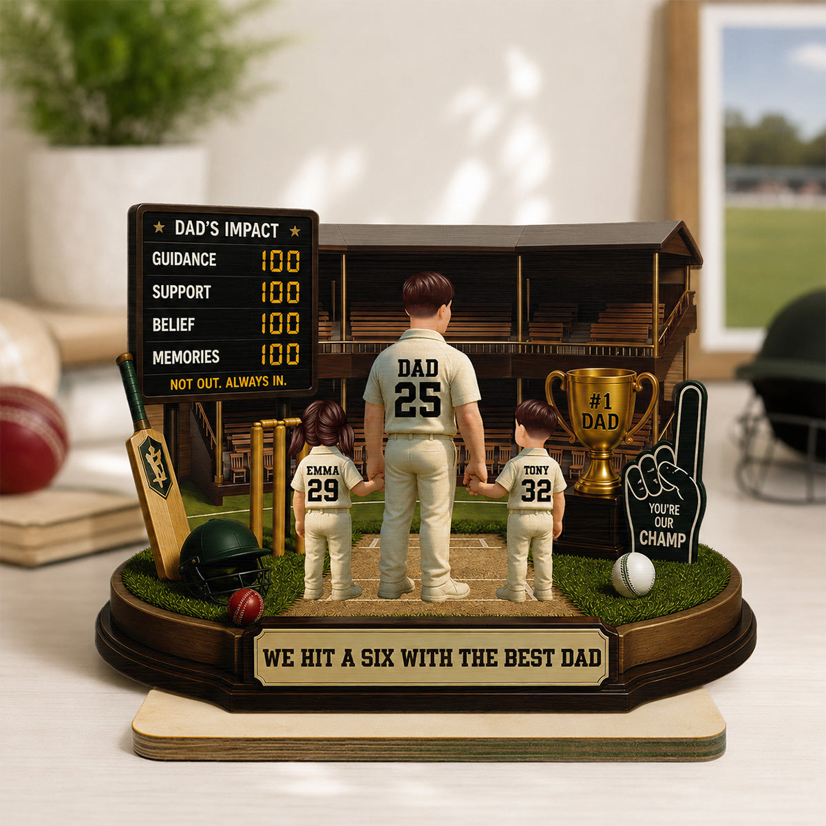 Hit A Six With The Best Dad Cricket Dad - Personalised 2-Layered Wooden Plaque - Gift For Husband, Dad