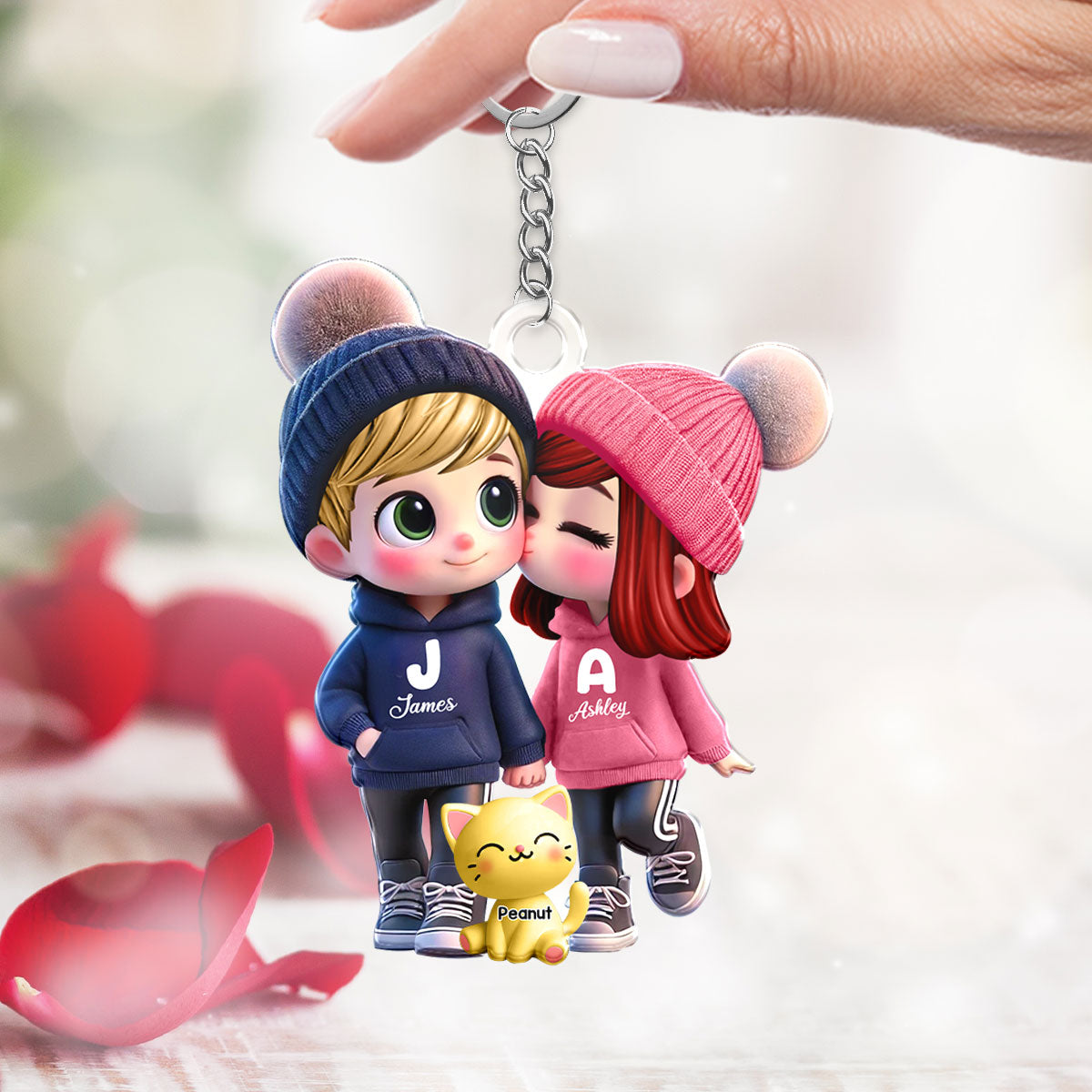 3D Effect Cute Cartoon Couple You Me And The Dog Cat Personalized Acrylic Keychain, Unique Valentine's Day Gift For Him, Gift For Her
