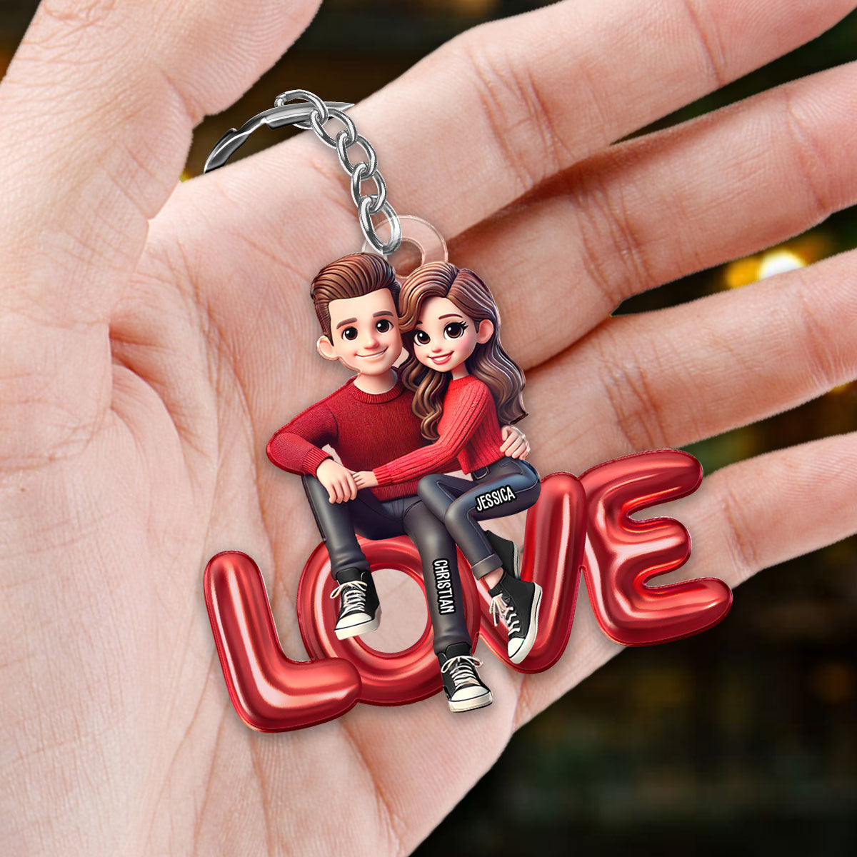 3D Effect Couple Sitting On LOVE Personalized Acrylic Keychain, gift, Anniversary Gift for Couples