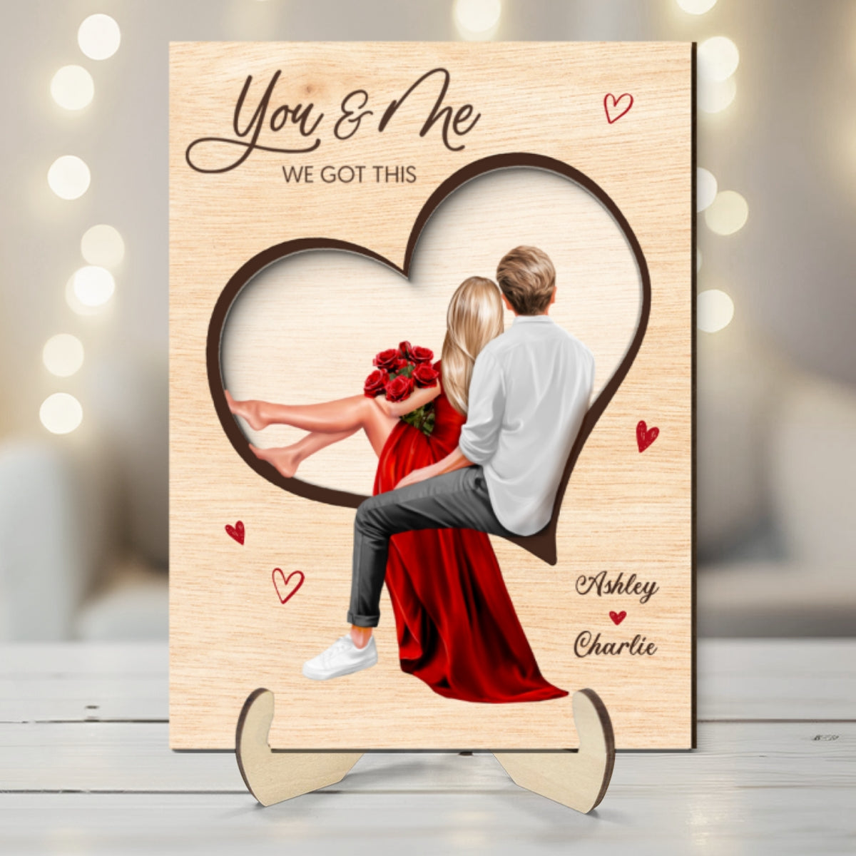 Couple Sitting On Heart Engraved Personalized 2-Layer Wooden Plaque, gift, Anniversary Gift for Couples