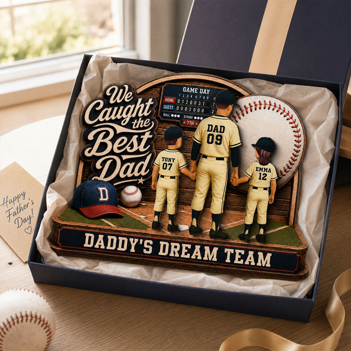 Baseball Things Dad & Kids Back View Standing 2D Flat - Personalized 2-Layered Wooden Plaque - Happy For Baseball Dad