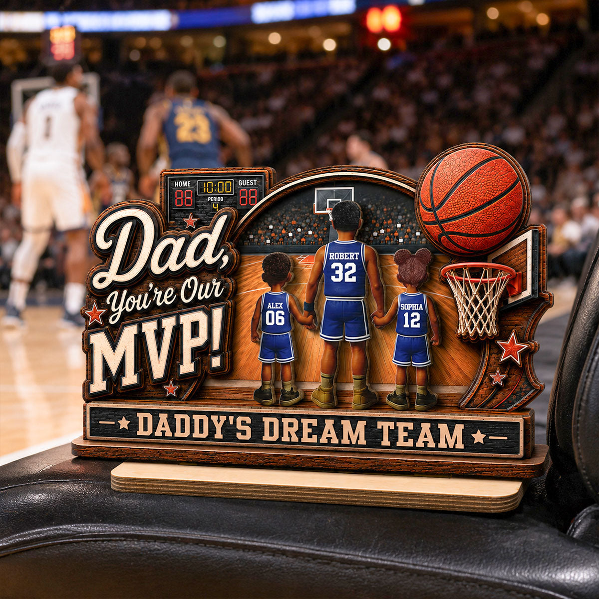 Dad You Are Our MVP Standing Basketball Man & Kids 2D Flat - Personalized 2-Layered Wooden Plaque - Gift For Basketball Dad